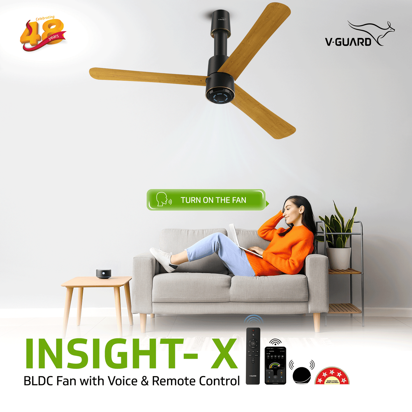 V-Guard INSIGHT-G Premium BLDC Ceiling Fan For Home | 6 Speed Settings | 5-Star Energy Saving | Convenient Remote Control | High-Speed 100% Copper Motor (Choco Gold Wood)