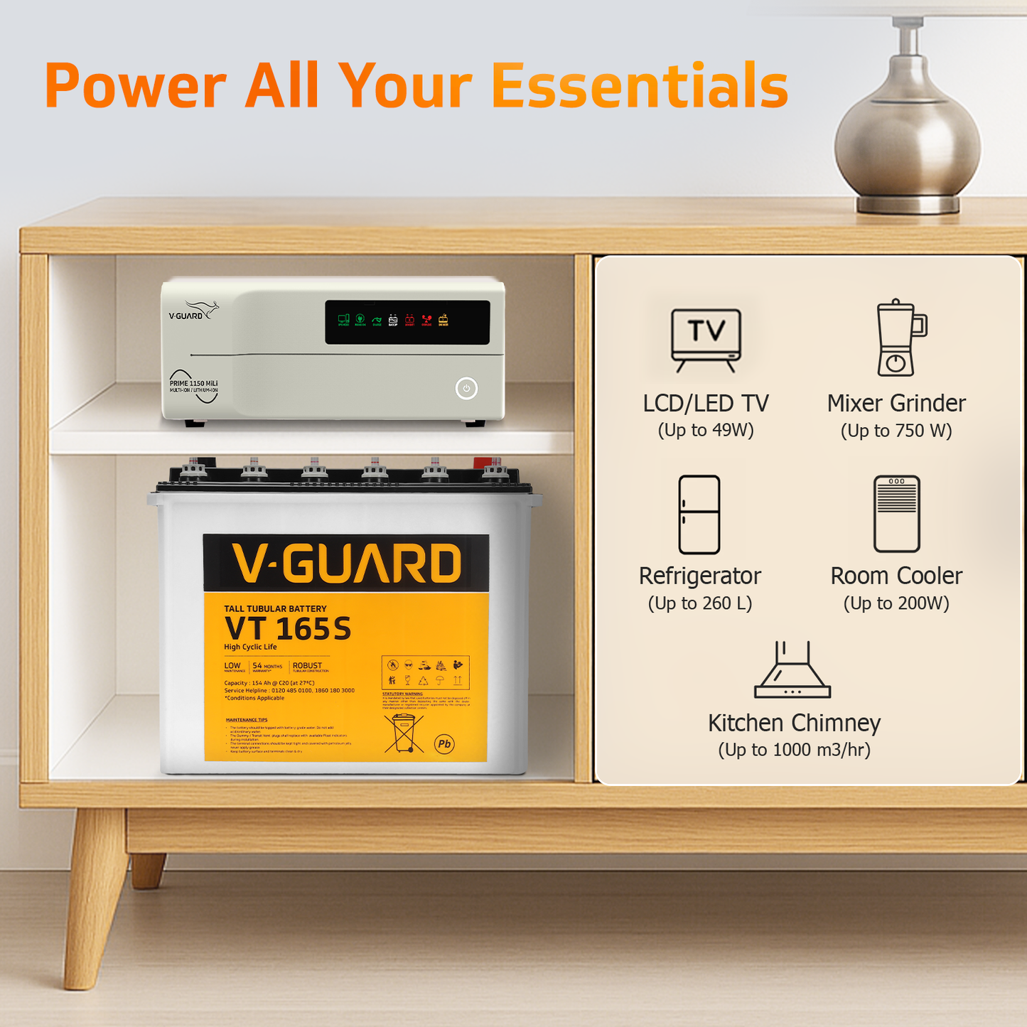 V-Guard Inverter & Battery Combo - Prime 1150 MiLi  Pure Sine Wave 1000VA/ 12V Inverter, VT 165S (154Ah Tall Tubular Battery) for Home, Office & Shops