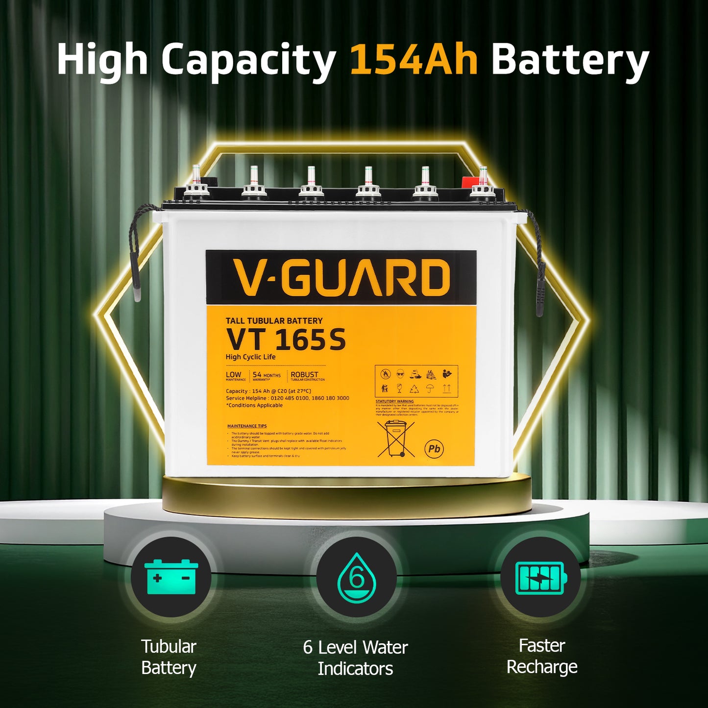 VT 165S Inverter Battery |Tubular Technology| High Backup Performance | 154Ah@C20 Capacity | 2.5 + 2 Year Warranty