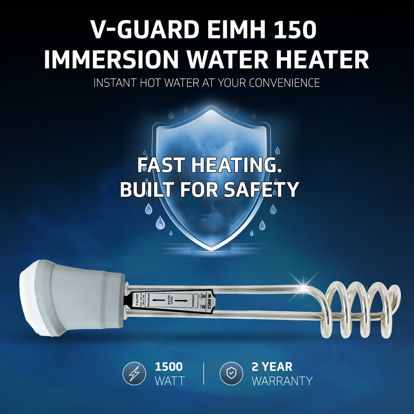 V-Guard Immersion Water Heater Rod for Bucket Heating | 1500 W | Fast Heating with Shock Protection | SS304L Heating Tube | Nickel Plated | BIS Certified | 2 Year Warranty