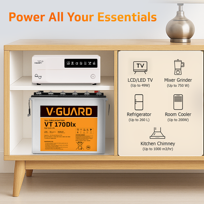 V-Guard Inverter & Battery Combo (1150 Pure Sine Wave 1000VA/12V Inverter, VT 170 DLX (155Ah Tall Tubular Battery) for Home, Office & Shops