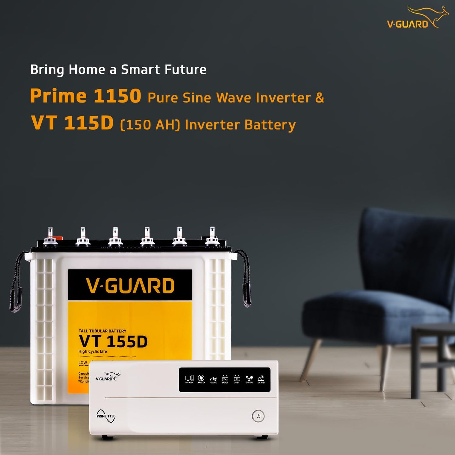 Prime 1150 Pure Sine Wave Inverter + VT 155D Battery Combo for Home, Office & Shops