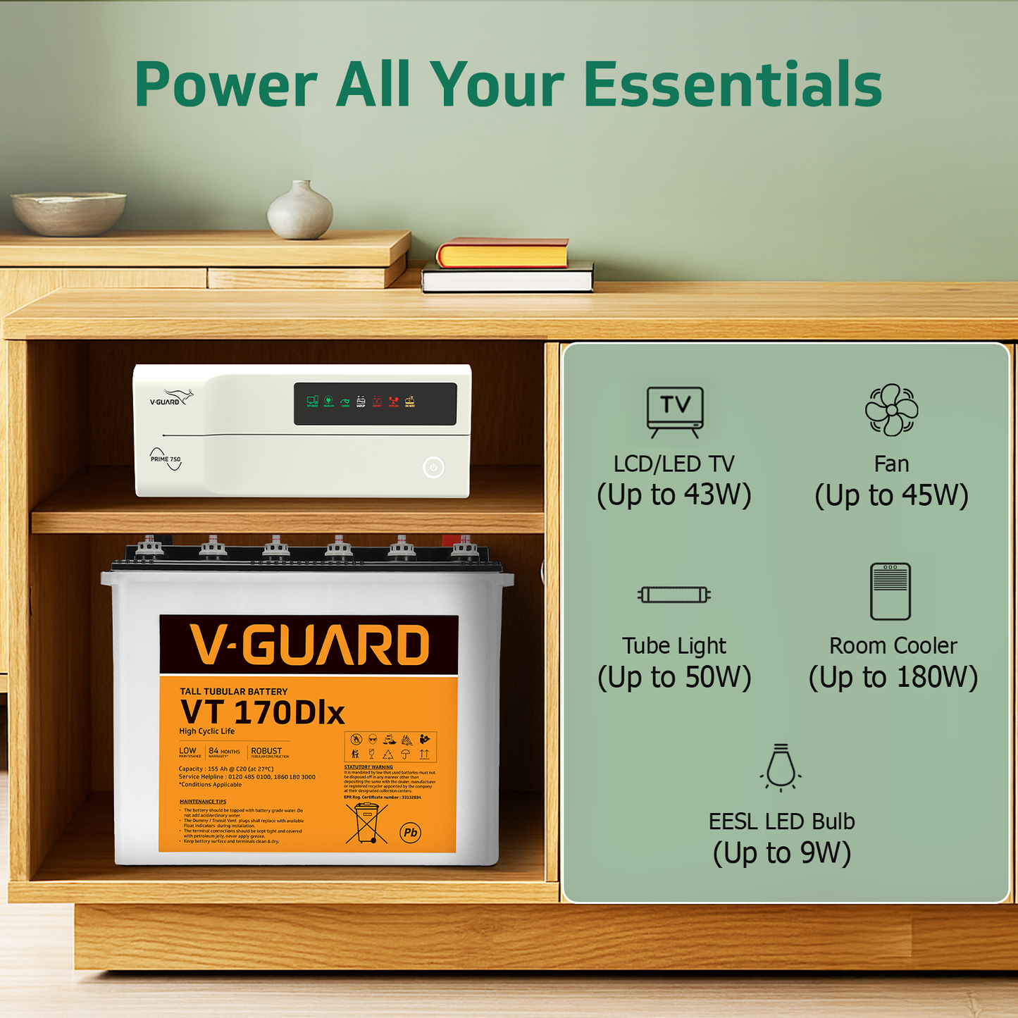 V-Guard Inverter & Battery Combo - 750 Pure Sine Wave 650VA/ 12V Inverter, VT 170 DLX (155Ah Tall Tubular Battery) for Home, Office & Shops