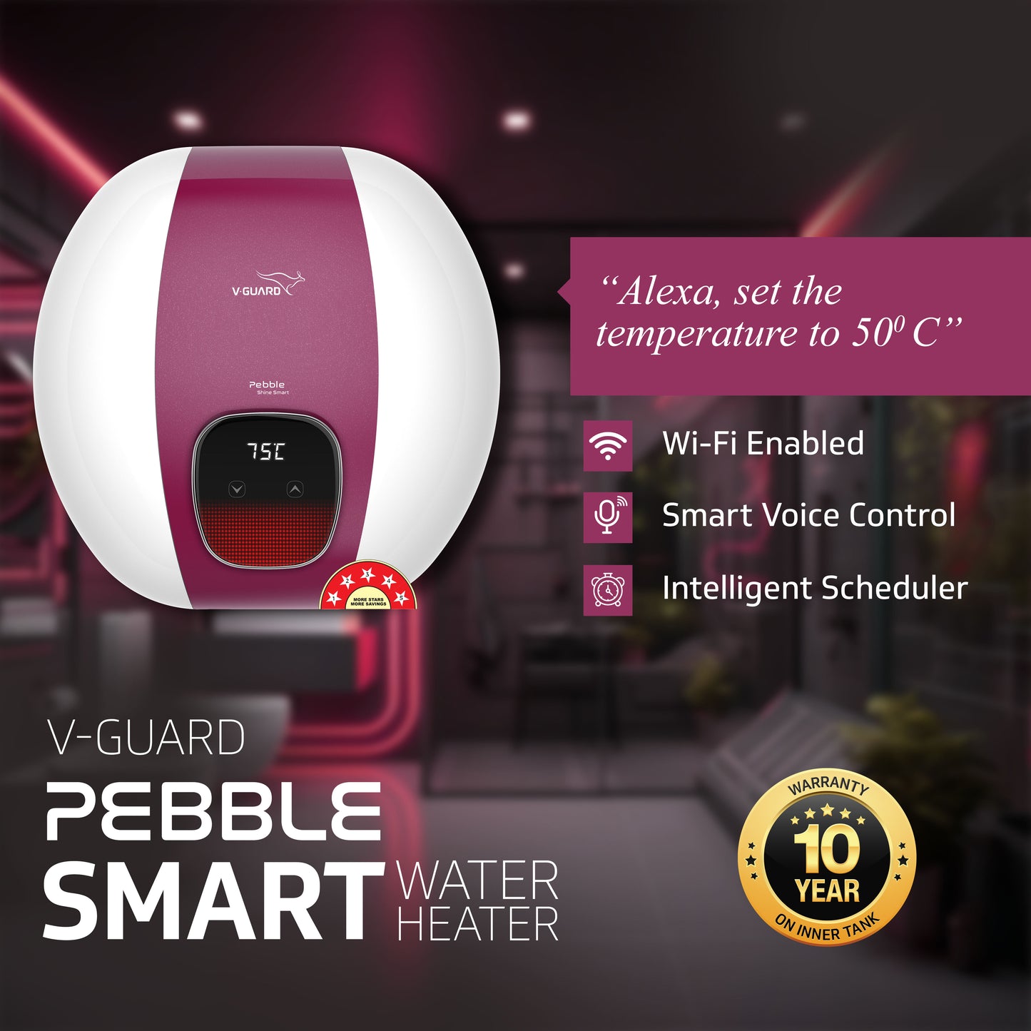 V-Guard Pebble Shine Smart Geyser 15 Litre Water Heater with Wi-Fi Connectivity | Voice Control Using Google and Alexa | BEE 5 Star Rating | Free PAN India Installation & Connection Pipes