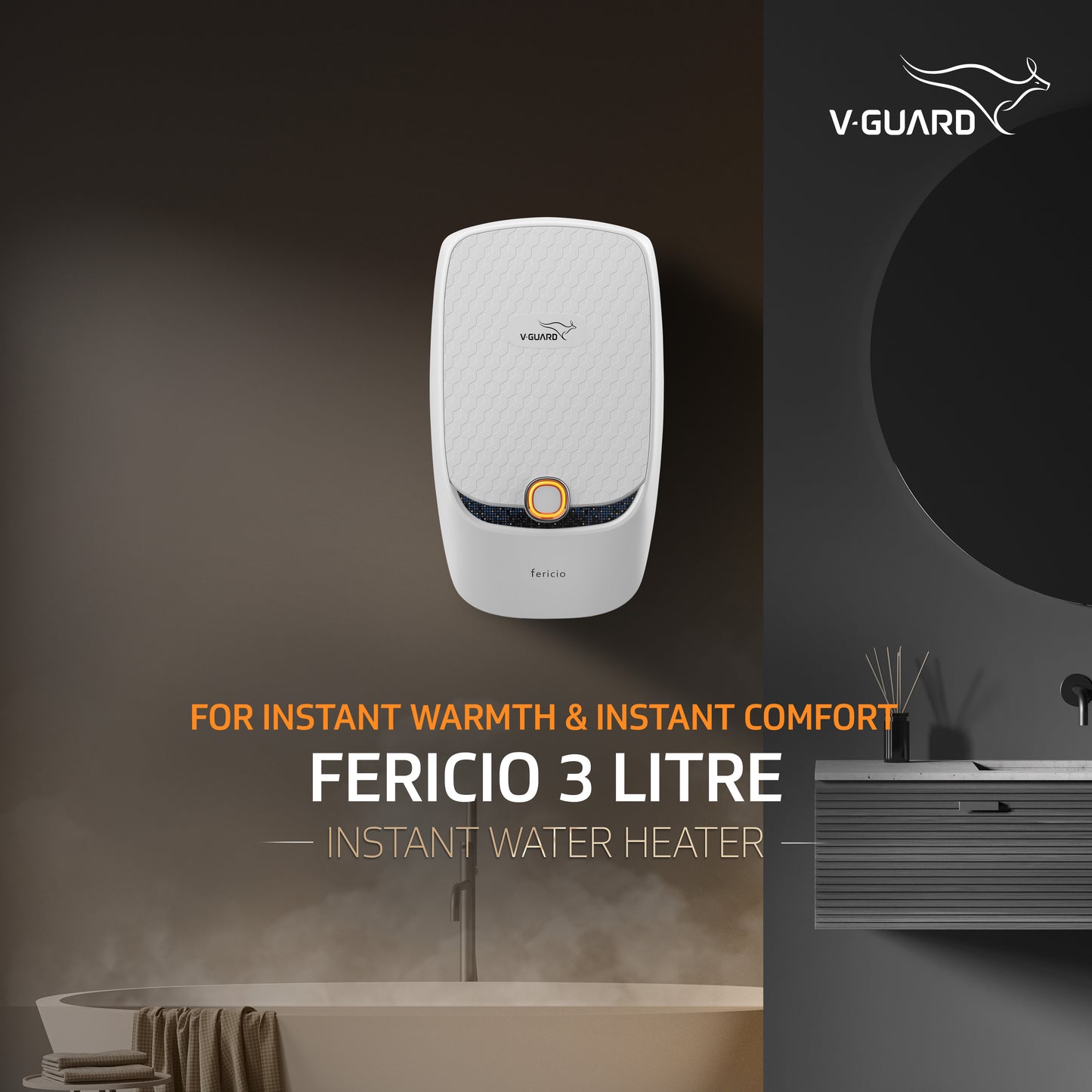V-Guard Fericio Geyser 3 Litre Instant Water Heater | Elegant Dual Color LED Indicators | 3000 W Powerful Heating | Suitable For Kitchen & Bathroom | 5 Year Inner Tank Warranty by V-Guard | White