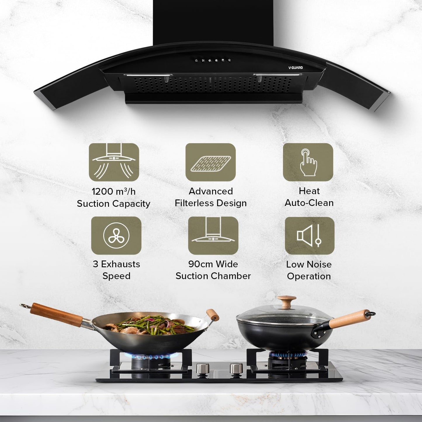 V-Guard Y20 Filterless Kitchen Chimney | 90 cm | 1200 m³/h High Suction Capacity | Heat Auto-Clean | Push-Button Control | 1 Year Comprehensive & 5 Year Motor Warranty