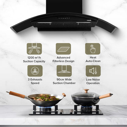 V-Guard Y20 Filterless Kitchen Chimney | 90 cm | 1200 m³/h High Suction Capacity | Heat Auto-Clean | Push-Button Control | 1 Year Comprehensive & 5 Year Motor Warranty