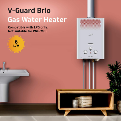 V-Guard Brio LPG Gas Geyser for Bathroom | 9-Layer Advanced Safety | Summer-Winter Mode | Flame & Water Control Knob | Suitable with LPG only | White