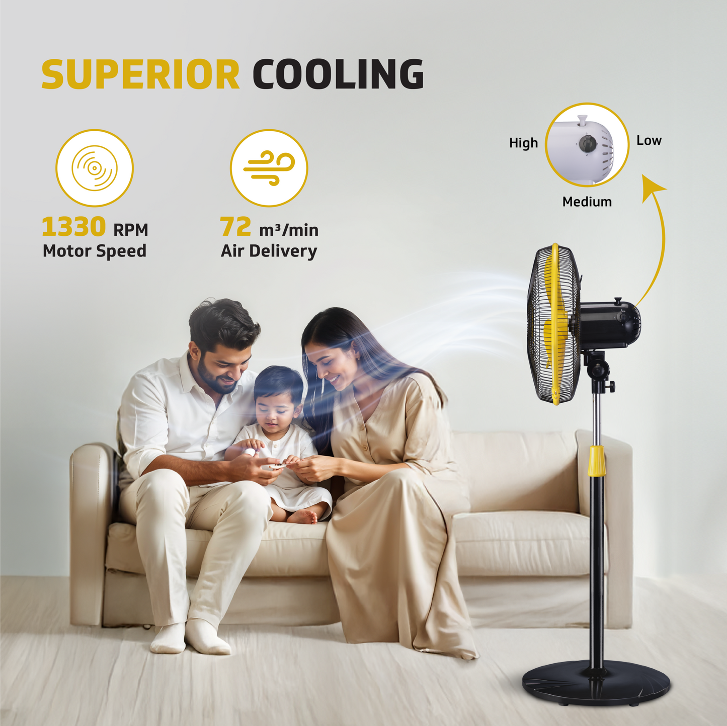 V-Guard Esfera STS Neo Pedestal Fan | 1330 RPM Motor | Customisable Tilt And Oscillation Control | Yellow Black | 40 cm (400mm)