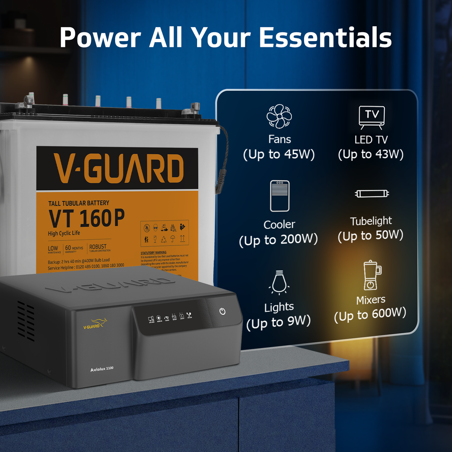 V-Guard Inverter & Battery Combo (Aviolux 1100 Inverter with VT 160P (152 Ah Tall Tubular Battery)) for Home, Office & Shops