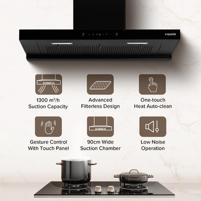 V-Guard T20 90cm Kitchen Chimney | 1300 m³/h Suction Capacity | Intelligent Auto Clean | Filterless | Motion with Touch Control | Wall mounted chimney with Elegant T-Shape Glass Design