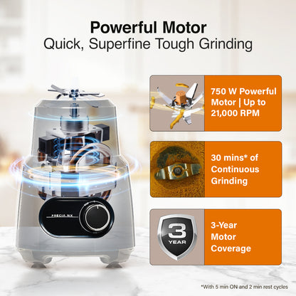 V-Guard Precia NX 750 W Juicer Mixer Grinder | 3-Year Motor Coverage | 4 Versatile Jars | Juicer, Large, Medium & Small | Compact ABS Body | SS Rust-Resistant Blades