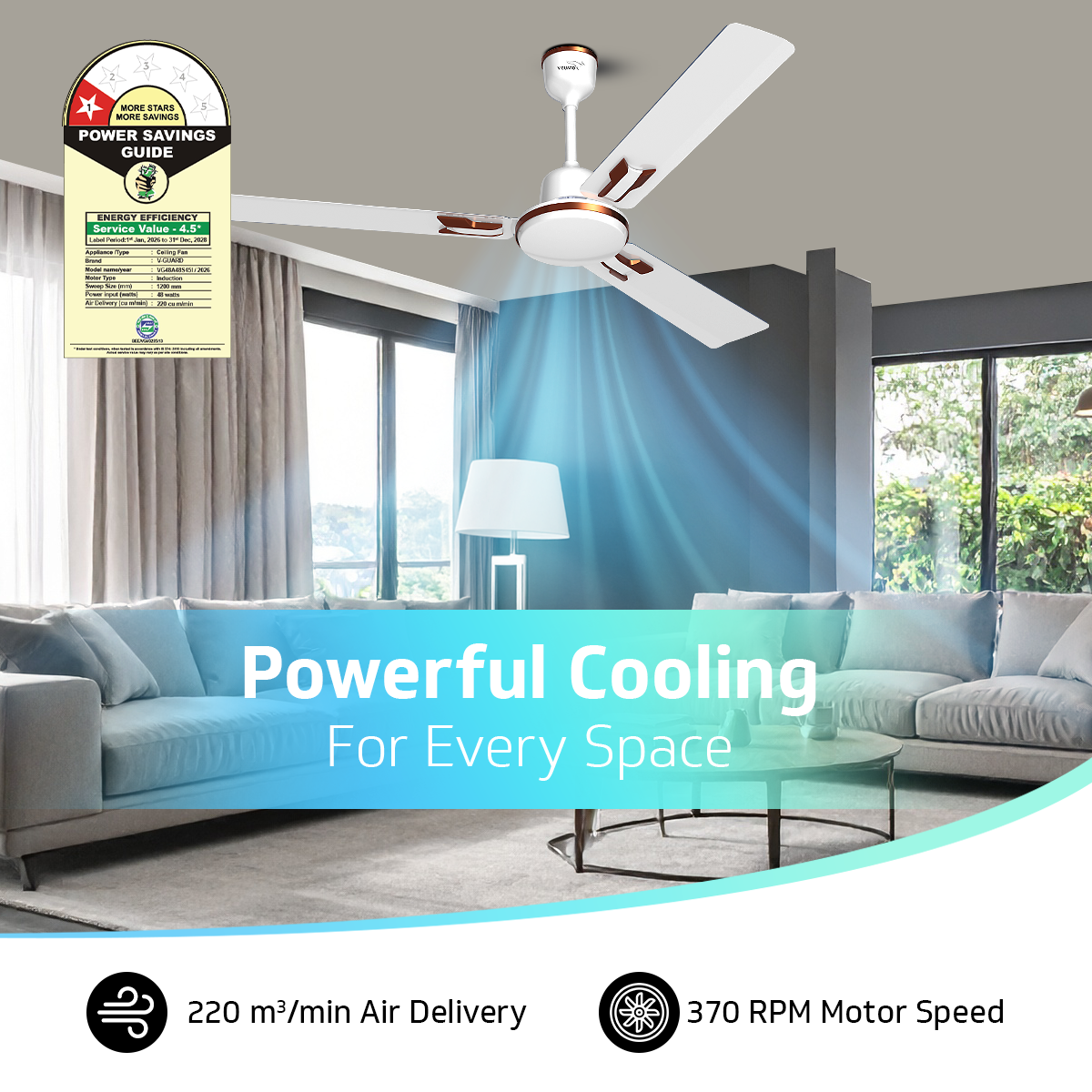V-Guard Pace Art Bz Ceiling Fan for Home with Decorative Trims 1.2 M, Pebble