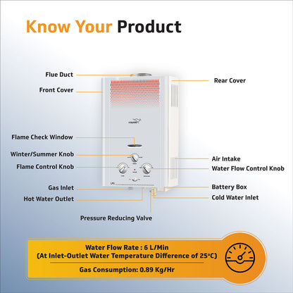 V-Guard Brio 6 Litre LPG Gas Geyser for Bathroom | 9-Layer Advanced Safety | Summer-Winter Mode | Flame & Water Control Knob | Child Safety Lock | White