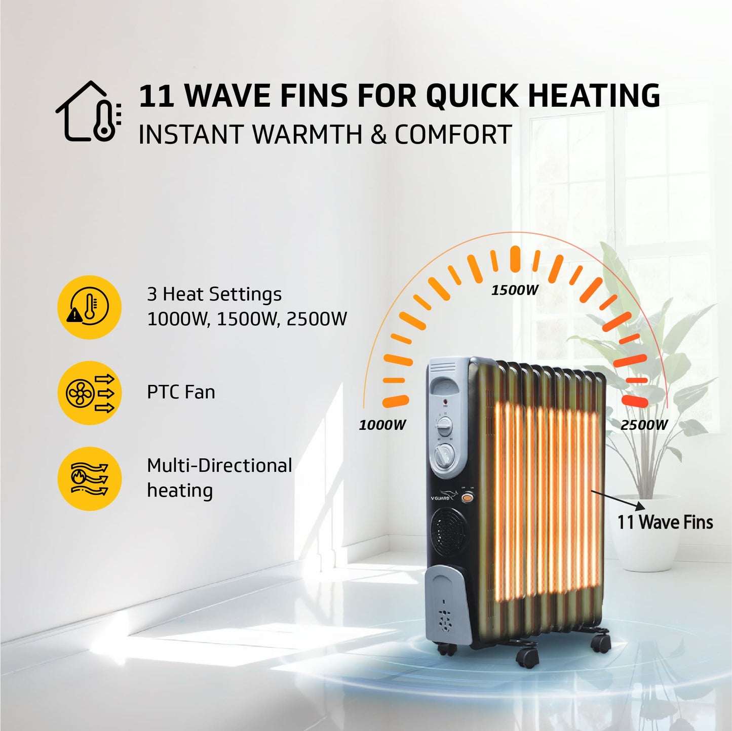 V-Guard EOFR 2900 Room Heater 13 Fin with 3 Power Settings| Quick heating with PTC fan | 2900 Watt |with 1 year warranty