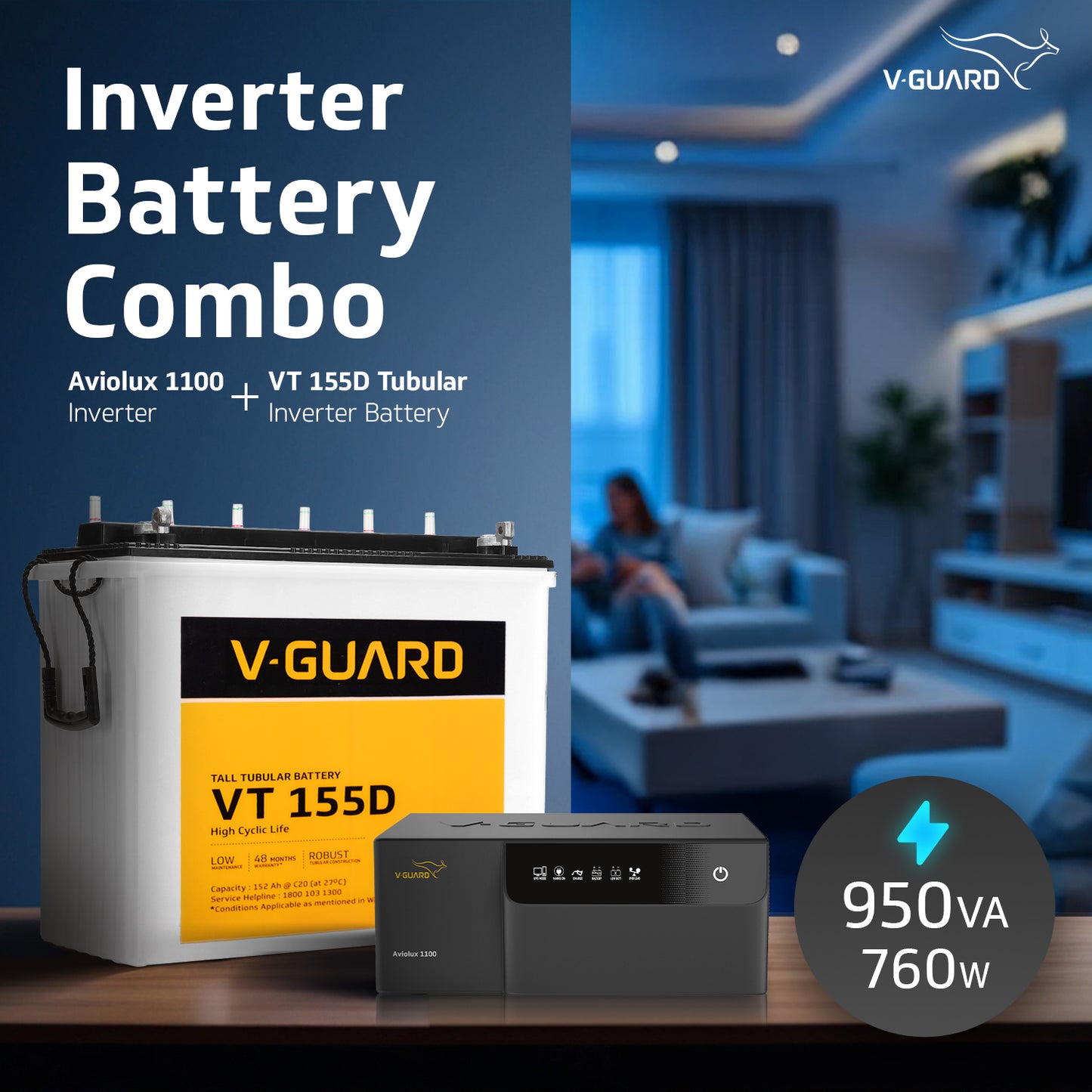 Aviolux 1100 Square Wave Inverter + VT 155D Battery Combo for Home, Office & Shops