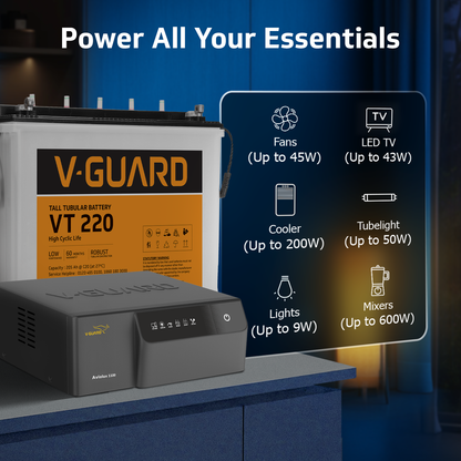 V-Guard Inverter & Battery Combo (Aviolux 1100 Inverter with VT 220 (205 Ah Tall Tubular Battery)) for Home, Office & Shops