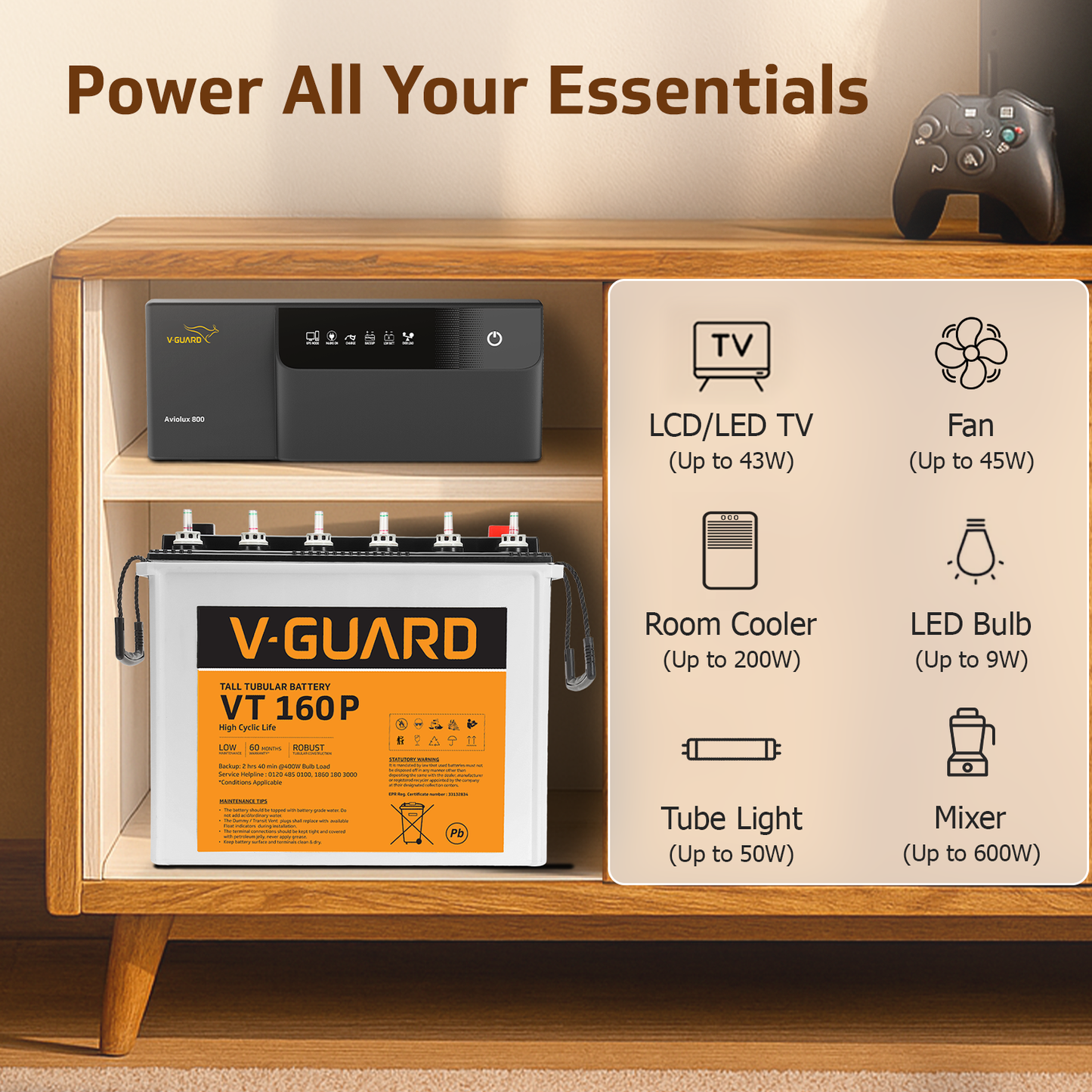 V-Guard Inverter & Battery Combo (Aviolux 800 Inverter with VT 160P (152 Ah Tall Tubular Battery)) for Home, Office & Shops
