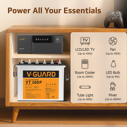 V-Guard Inverter & Battery Combo (Aviolux 800 Inverter with VT 160P (152 Ah Tall Tubular Battery)) for Home, Office & Shops