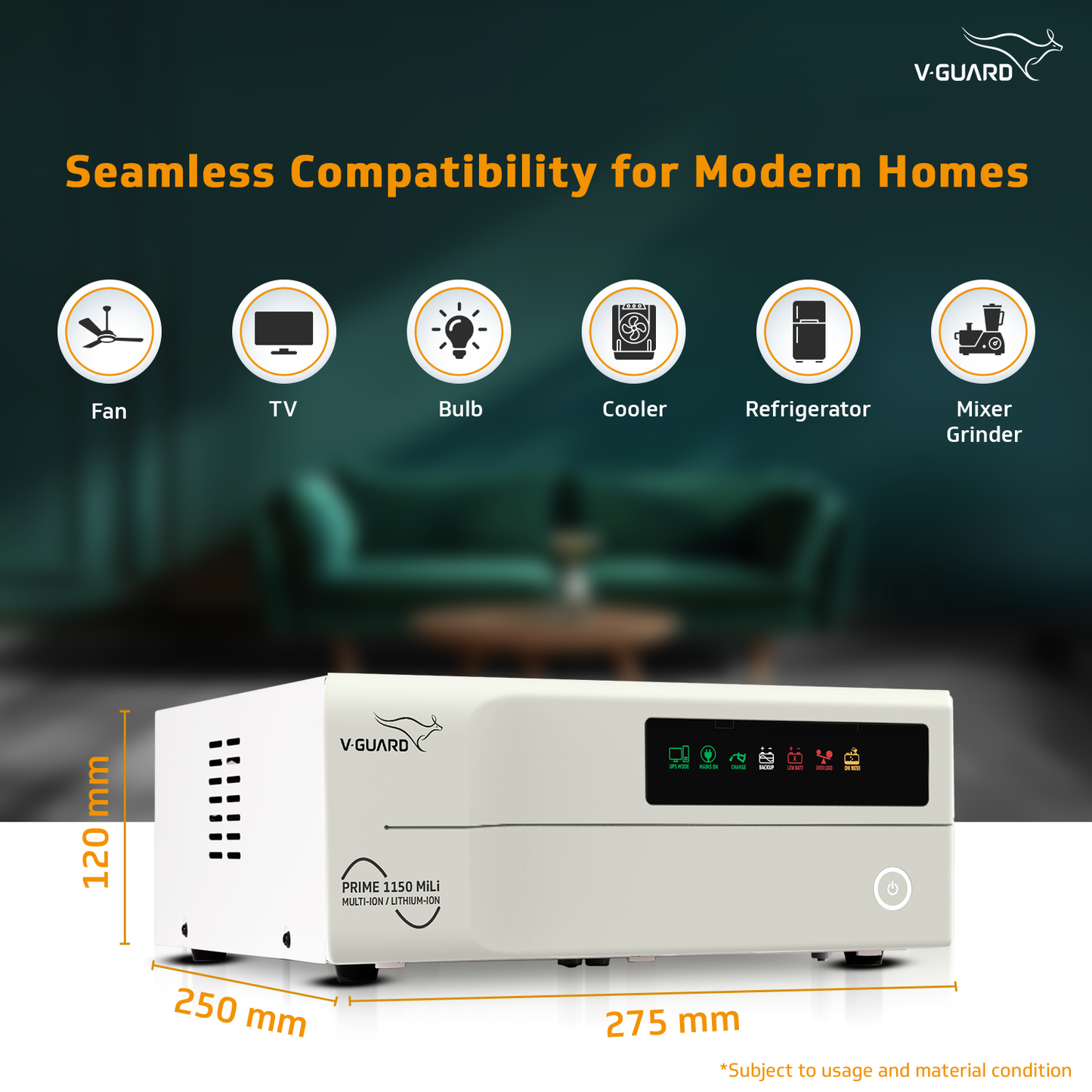 V-Guard Prime 1150 MiLi  Inverter for Home, Office & Shop | 1000VA / 12V Pure Sine Wave | Reliable Power Backup | LED Display | Easy Installation | 3-Year Warranty