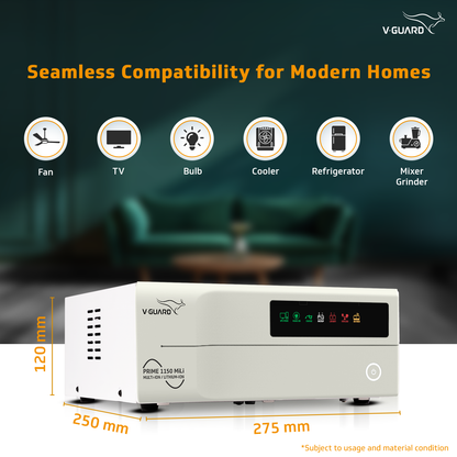 V-Guard Prime 1150 MiLi  Inverter for Home, Office & Shop | 1000VA / 12V Pure Sine Wave | Reliable Power Backup | LED Display | Easy Installation | 3-Year Warranty