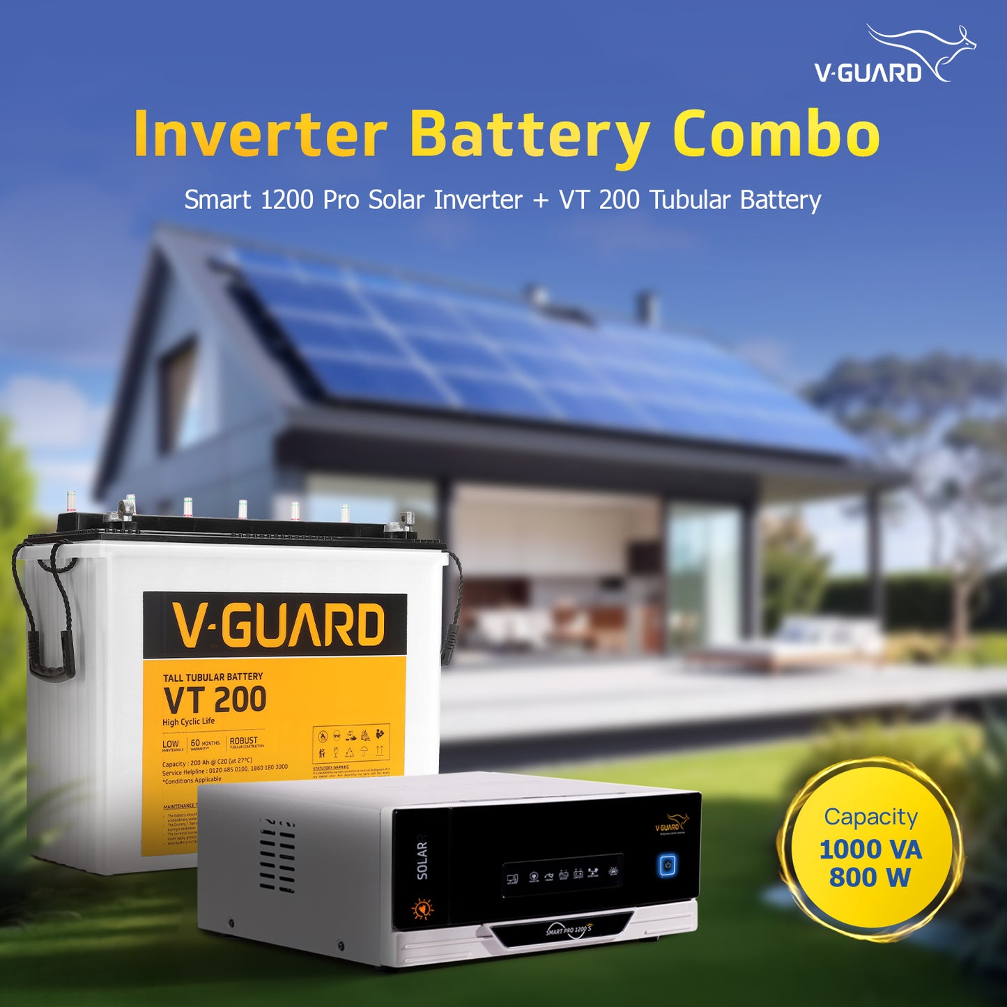 Smart Pro 1200 s Solar Inverter + VT 200 Battery Combo for Home, Office & Shops