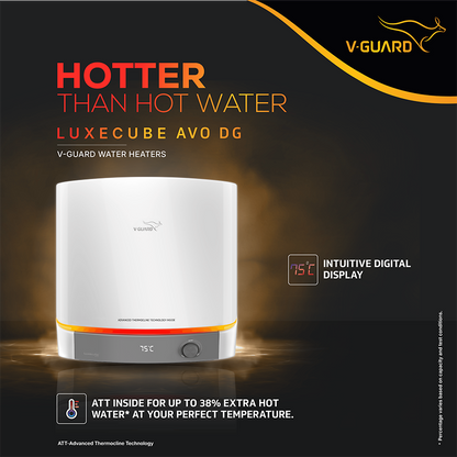 V-Guard Luxecube Avo DG Geyser 25 Ltr | Digital Display | Up to 38% More Hot Water: Advanced Thermocline Technology | 5 Star Rating | 7 Year Tank Warranty from V-Guard | Luxe Glow Illumination | White