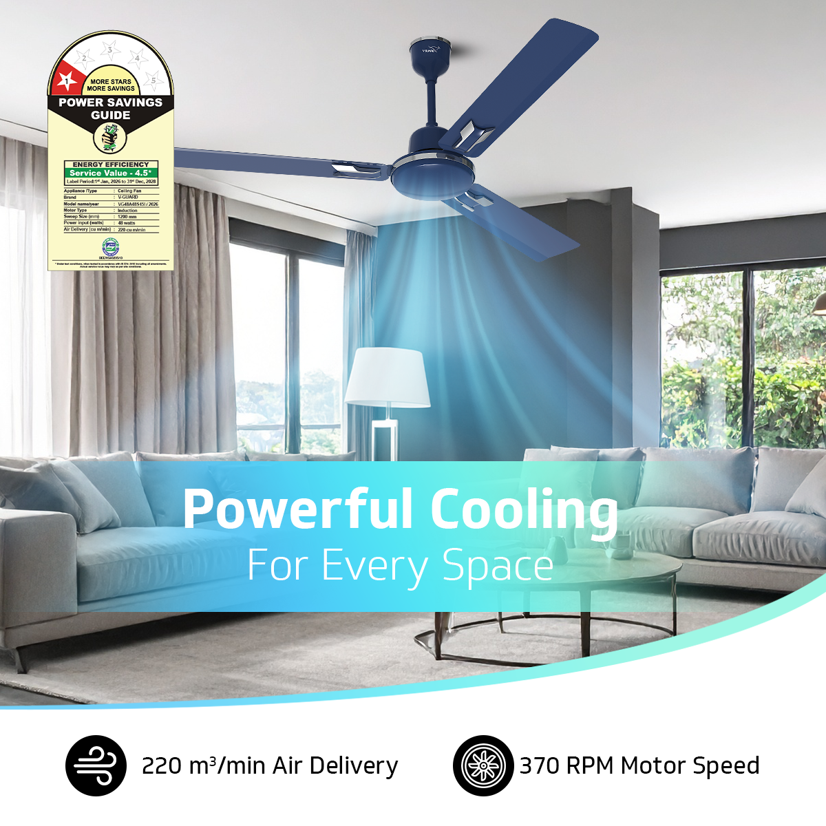 V-Guard Pace Art Bz Ceiling Fan for Home with Decorative Trims 1.2 M, Royal Blue