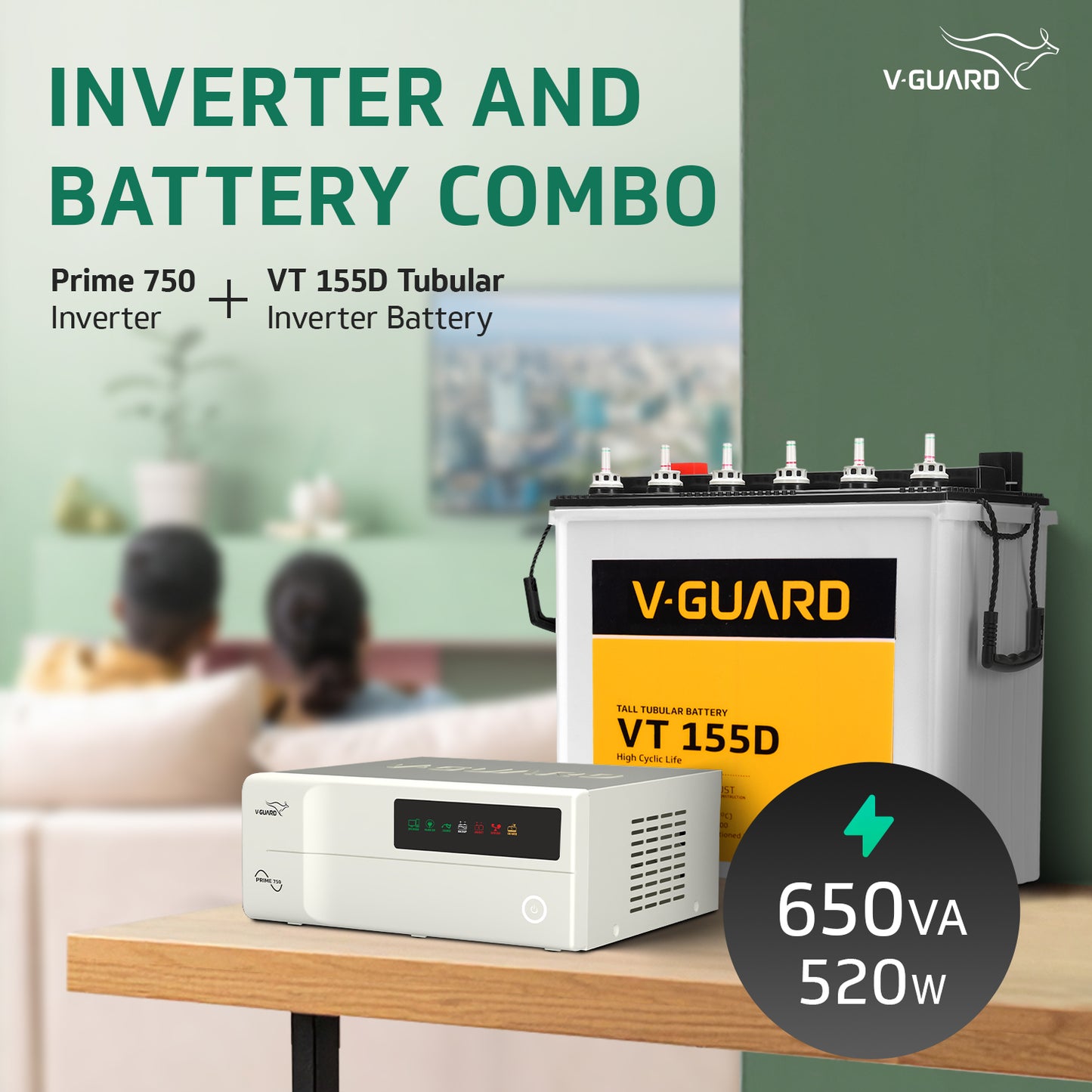 PRIME 750 Inverter + VT 155D Battery Combo for Home, Office & Shops