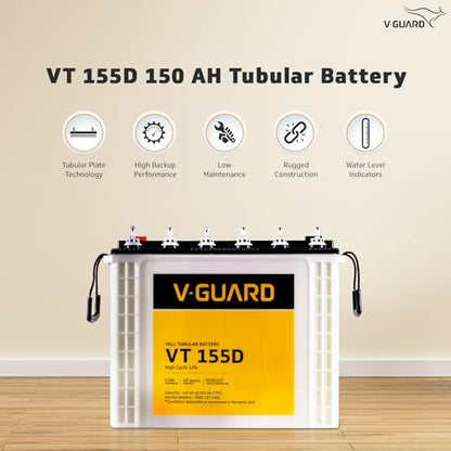 V-Guard VT155D Inverter Battery | Tubular Technology | High Backup Performance | 2+2 Years Warranty