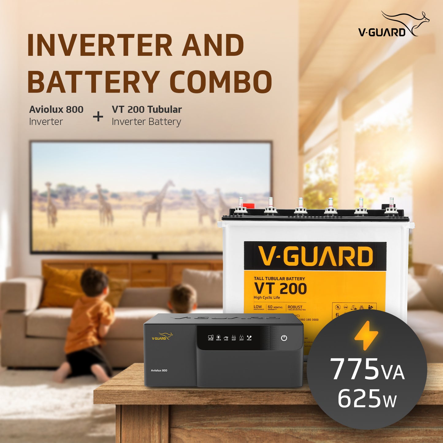 Aviolux 800 Square Wave Inverter + VT 200 Battery Combo for Home, Office & Shops