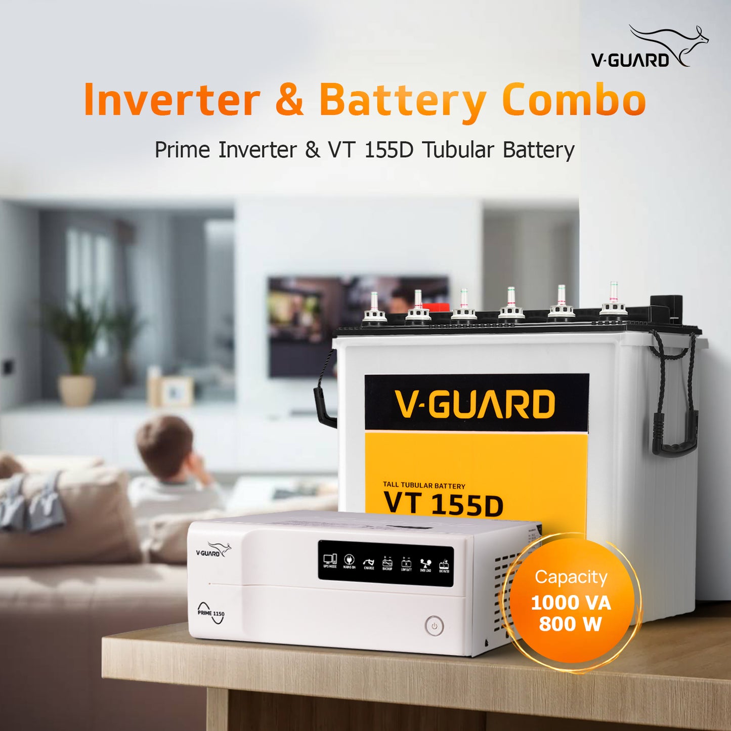 Prime 1150 Pure Sine Wave Inverter + VT 155D Battery Combo for Home, Office & Shops