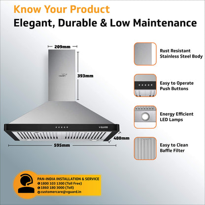 M20 60cm, 1200m³/hr Electric Kitchen Chimney with Baffle Filter, Push Button Controls