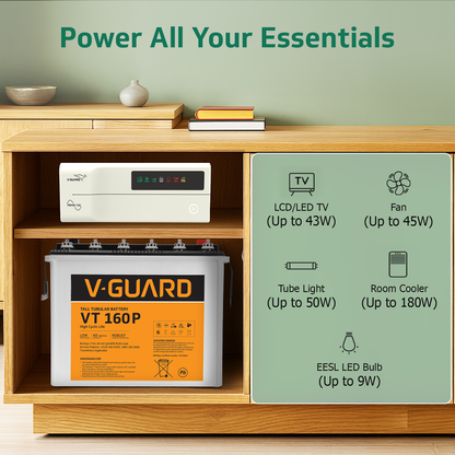 V-Guard Inverter & Battery Combo - 750 Pure Sine Wave 650VA/ 12V Inverter, VT 160 P (152Ah Tall Tubular Battery) for Home, Office & Shops