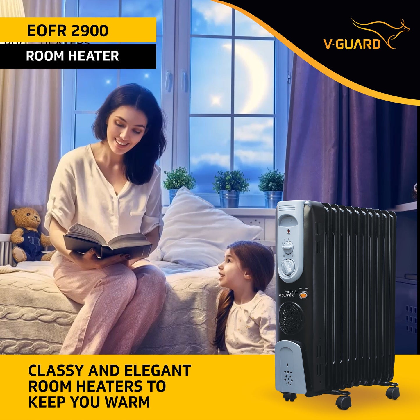 V-Guard EOFR 2900 Room Heater 13 Fin with 3 Power Settings| Quick heating with PTC fan | 2900 Watt |with 1 year warranty