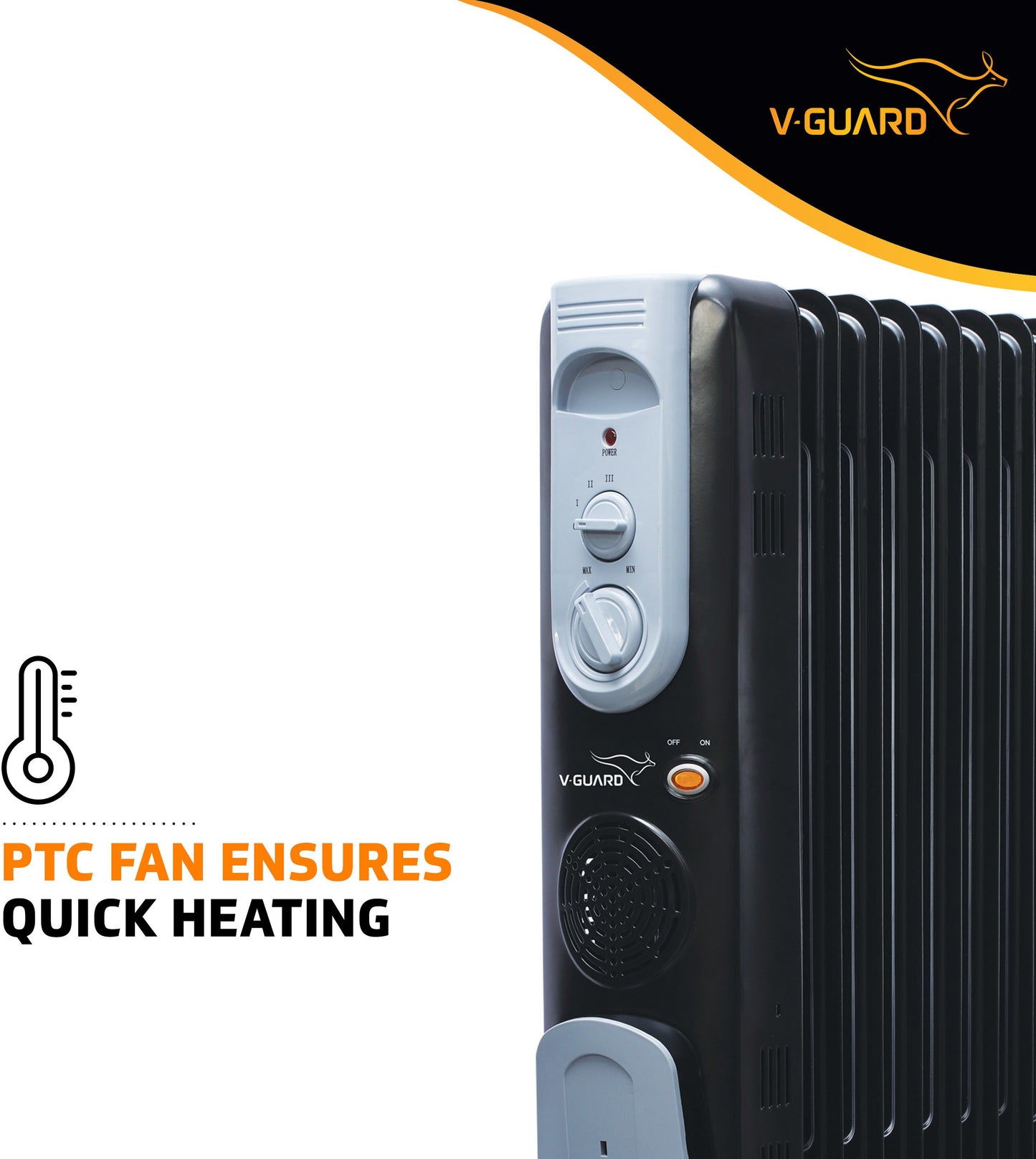 V-Guard EOFR 2900 Room Heater 13 Fin with 3 Power Settings| Quick heating with PTC fan | 2900 Watt |with 1 year warranty