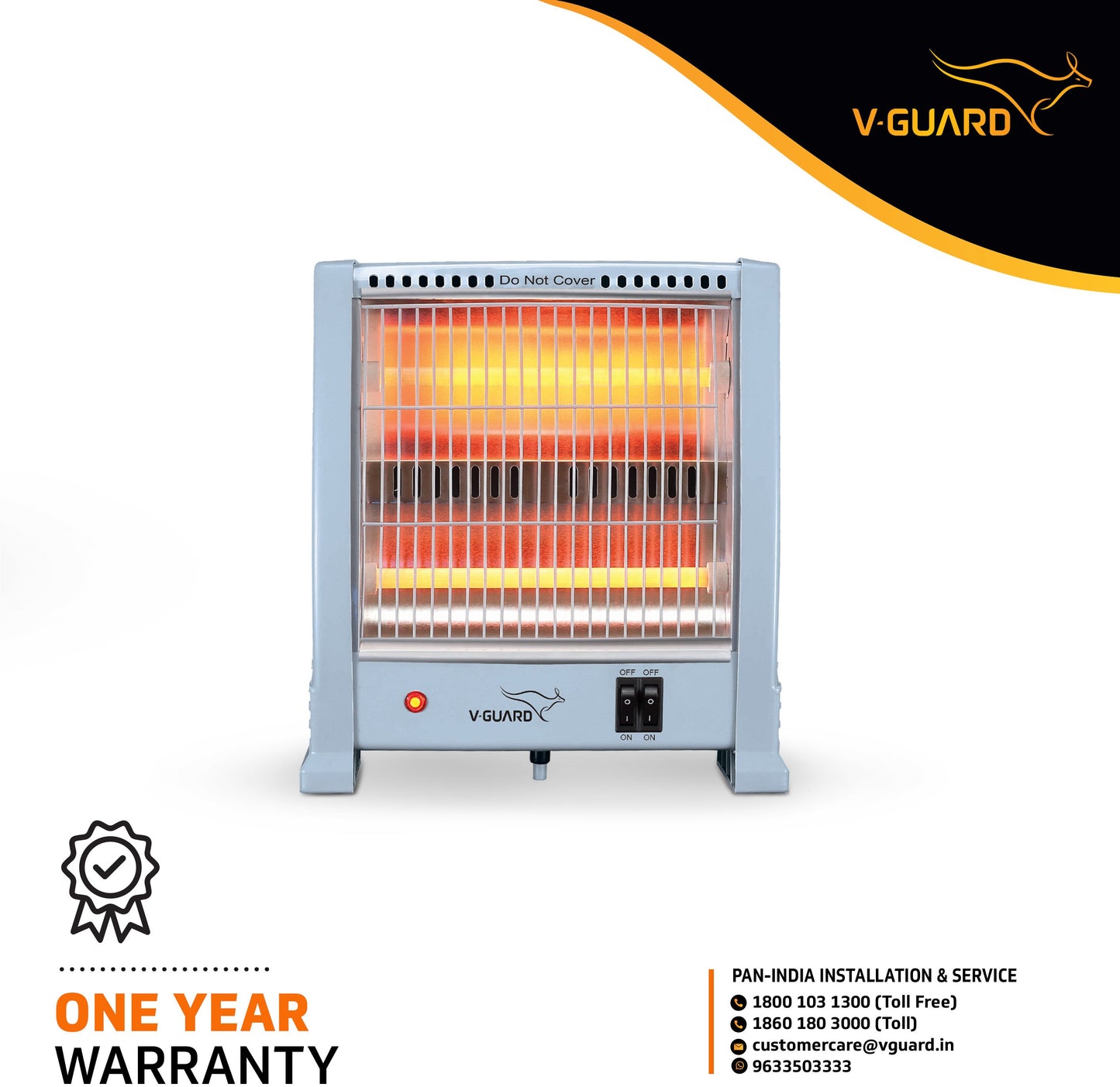 V-Guard EQT 800 Quartz Room Heater Noise free One year Warranty Automatic tips over protection Quick Heating