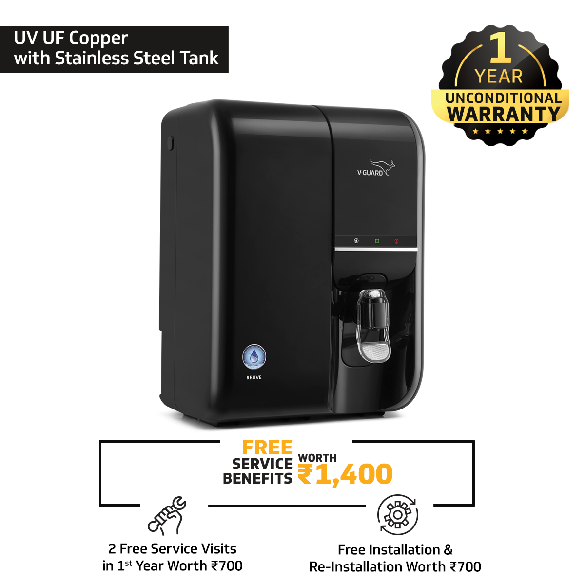 Rejive UV UF Water Purifier with Copper Protection and Superior Stainless Steel Tank (Not Suitable for tanker or borewell water)
