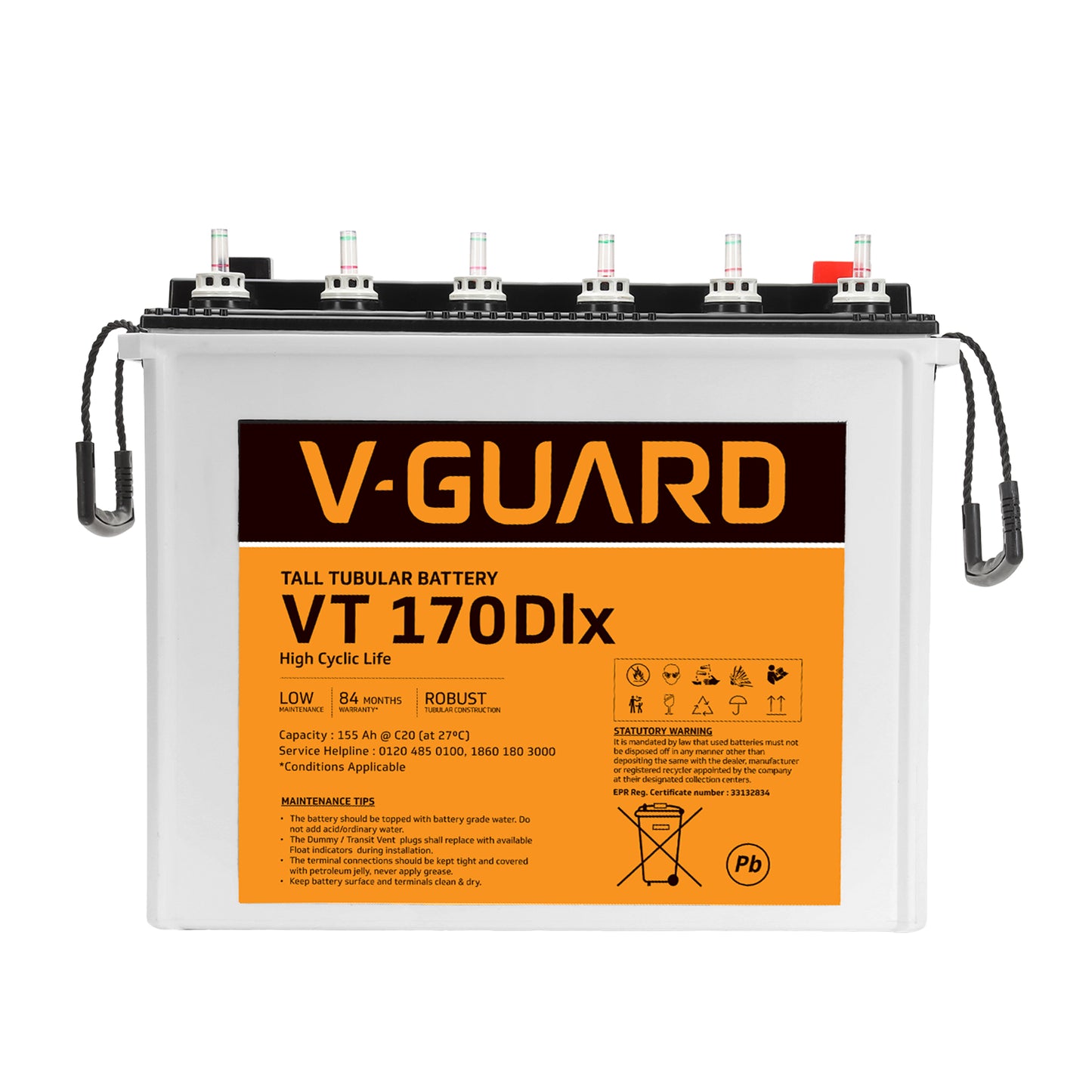 V-Guard VT 170 DLX Inverter Battery | Tubular Technology | High Backup Performance | 155Ah Capacity | 48 + 36 Month Warranty