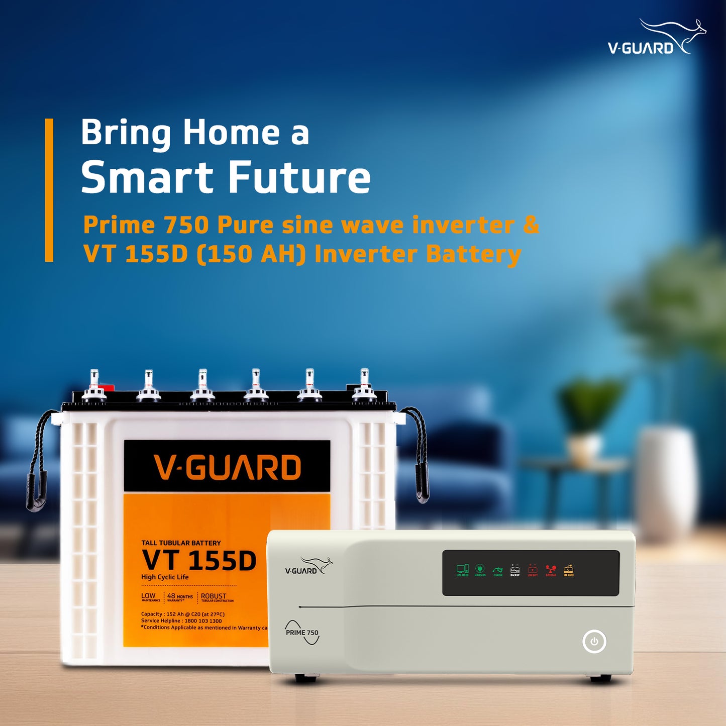 PRIME 750 Inverter + VT 155D Battery Combo for Home, Office & Shops