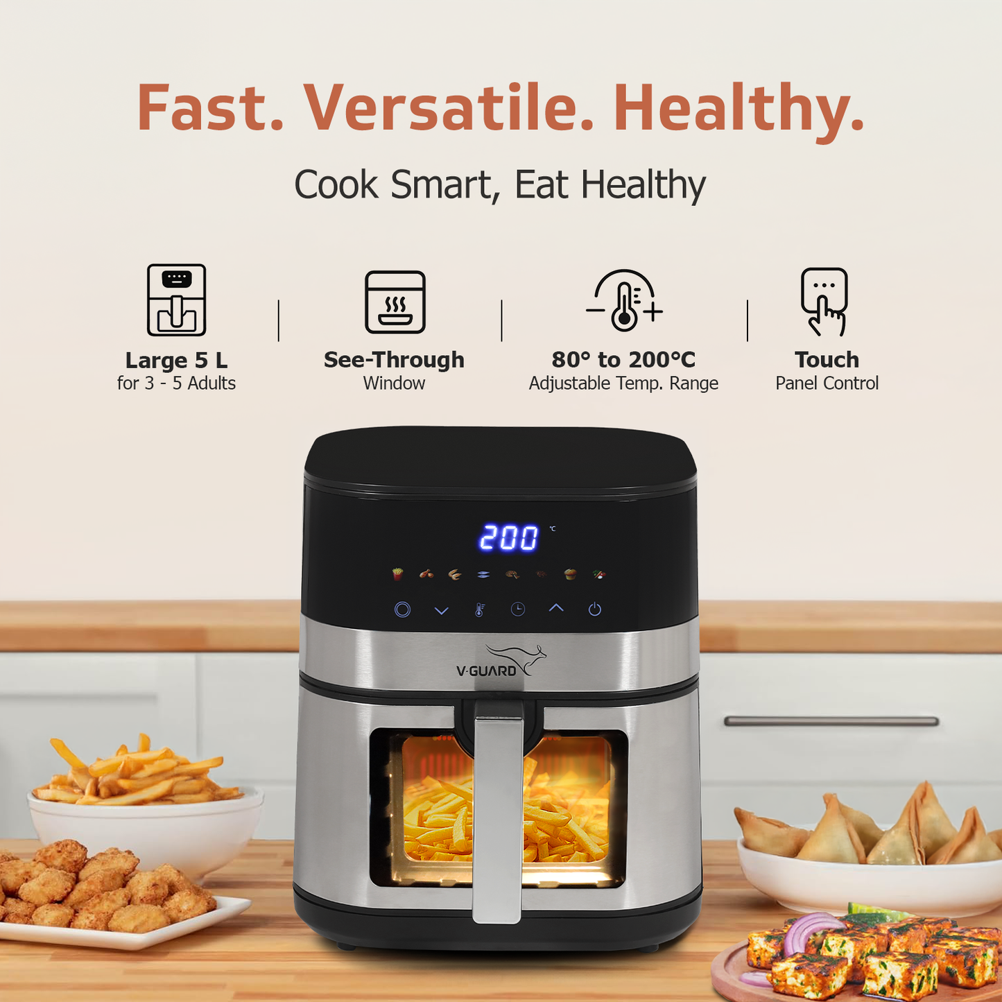V-Guard Emocia Pro Air Fryer with See-Through Window | 5 L Capacity for 3-5 People | 2 Year Coverage by V-Guard | Healthy Cooking with up to 90% Less Oil | Touch Panel Control & Digital Display