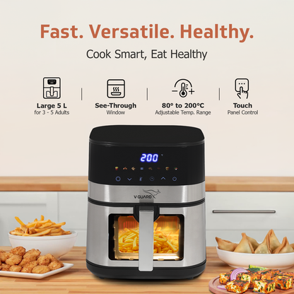 V-Guard Emocia Pro Air Fryer with See-Through Window | 5 L Capacity for 3-5 People | 2 Year Coverage by V-Guard | Healthy Cooking with up to 90% Less Oil | Touch Panel Control & Digital Display