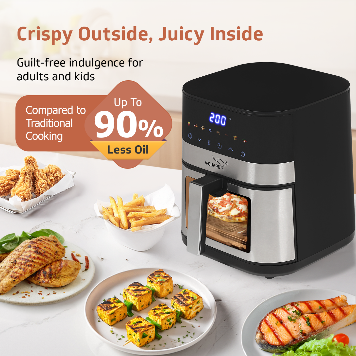 V-Guard Emocia Pro Air Fryer with See-Through Window | 5 L Capacity for 3-5 People | 2 Year Coverage by V-Guard | Healthy Cooking with up to 90% Less Oil | Touch Panel Control & Digital Display