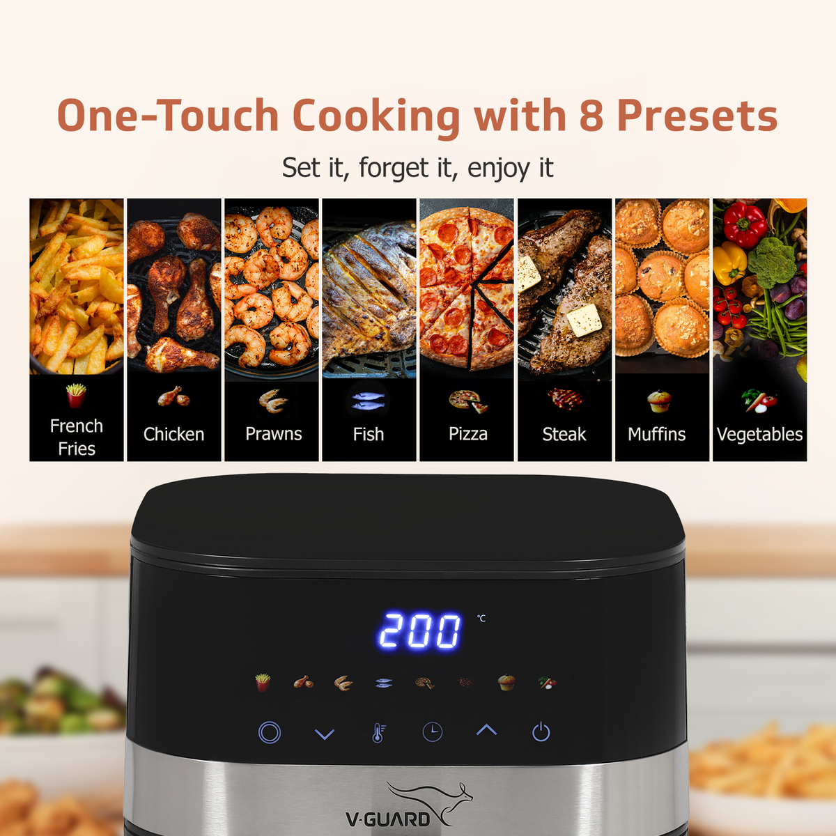 V-Guard Emocia Pro Air Fryer with See-Through Window | 5 L Capacity for 3-5 People | 2 Year Coverage by V-Guard | Healthy Cooking with up to 90% Less Oil | Touch Panel Control & Digital Display