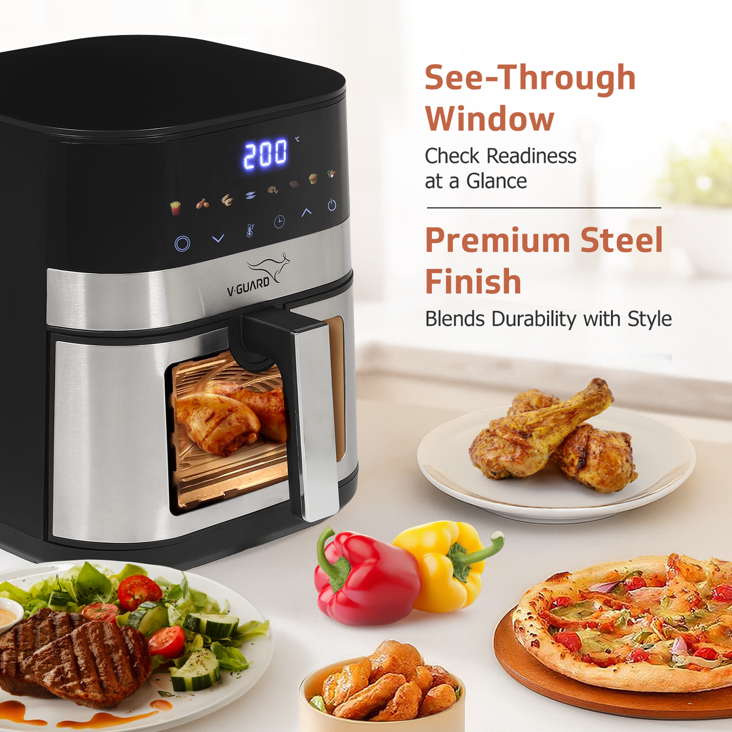 V-Guard Emocia Pro Air Fryer with See-Through Window | 5 L Capacity for 3-5 People | 2 Year Coverage by V-Guard | Healthy Cooking with up to 90% Less Oil | Touch Panel Control & Digital Display