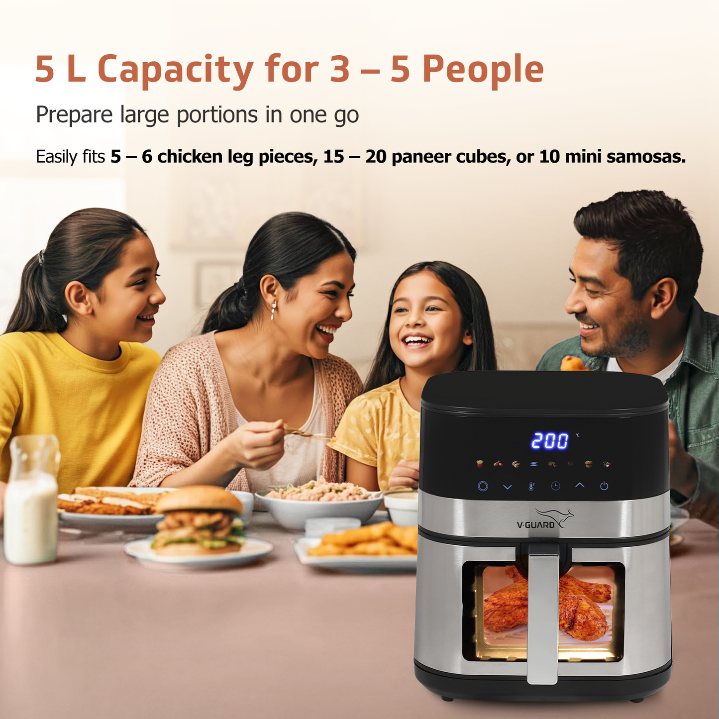 V-Guard Emocia Pro Air Fryer with See-Through Window | 5 L Capacity for 3-5 People | 2 Year Coverage by V-Guard | Healthy Cooking with up to 90% Less Oil | Touch Panel Control & Digital Display