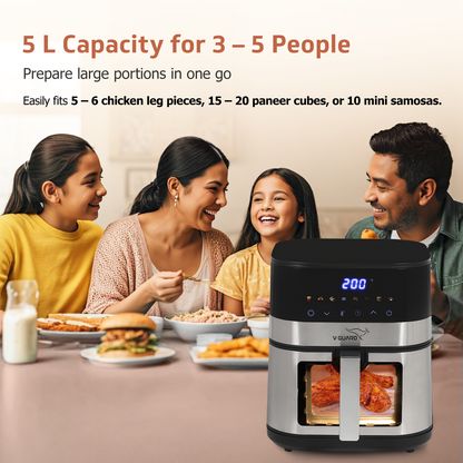 V-Guard Emocia Pro Air Fryer with See-Through Window | 5 L Capacity for 3-5 People | 2 Year Coverage by V-Guard | Healthy Cooking with up to 90% Less Oil | Touch Panel Control & Digital Display