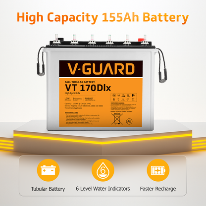 V-Guard Inverter & Battery Combo (1150 Pure Sine Wave 1000VA/12V Inverter, VT 170 DLX (155Ah Tall Tubular Battery) for Home, Office & Shops