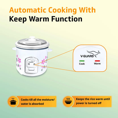 V-Guard VRC 1.8C Electric Rice Cooker, 1.8 Litre, 5 Year Heating Plate & 2 Year Product Coverage by V-Guard, Automatic Cooking with Warm & Cook Functions