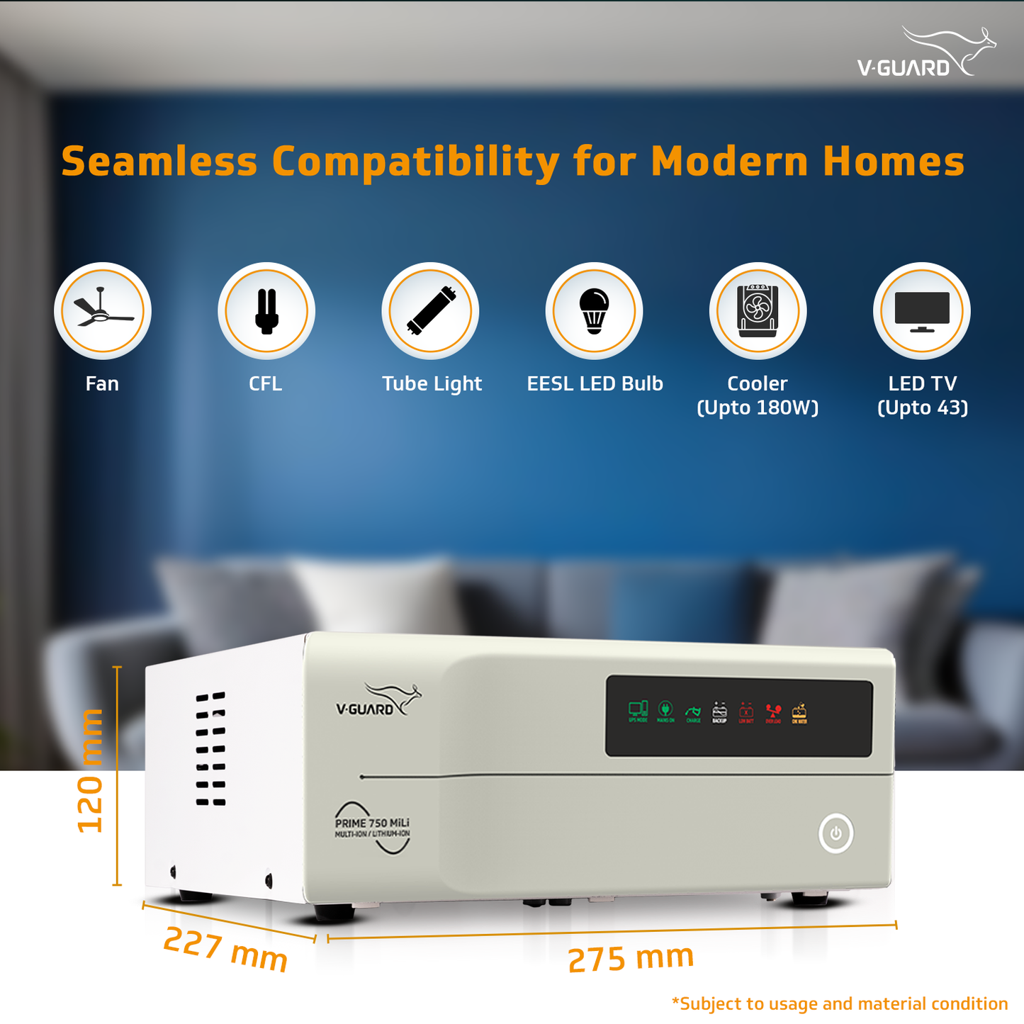 V-Guard Prime 750 MiLi Inverter for Home, Office & Shop | 650VA / 12V Pure Sine Wave | Reliable Power Backup | LED Display | Easy Installation | 3-Year Warranty